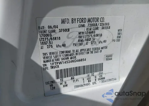 2004 Ford F-150 Fx4/Lariat/Xlt z USA, uszkodzony, nr VIN 1FTPW14534KD46854